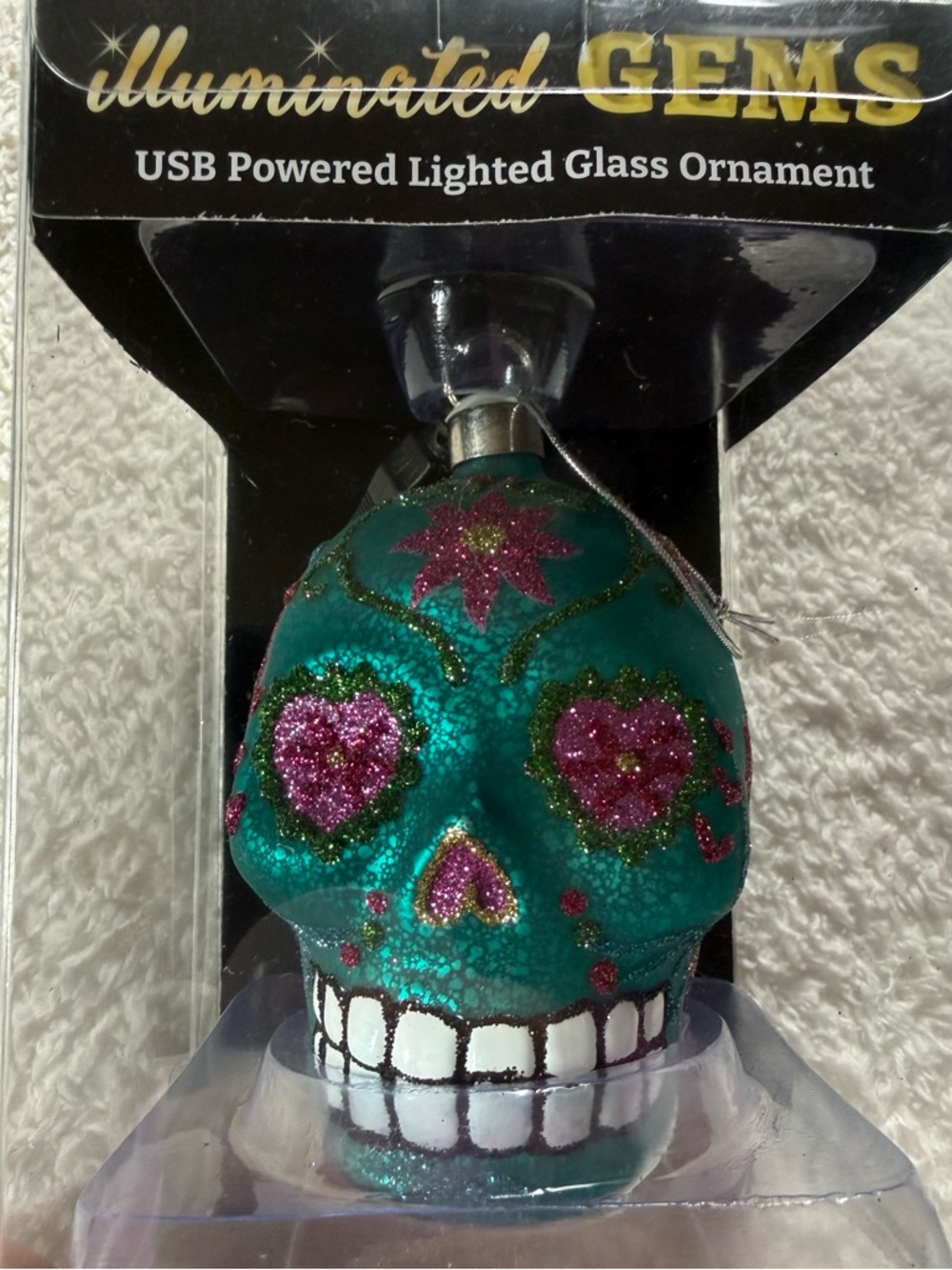 Illuminated Gems Teal Glitter Day of the Dead Skull Ornament By Kurt Adler